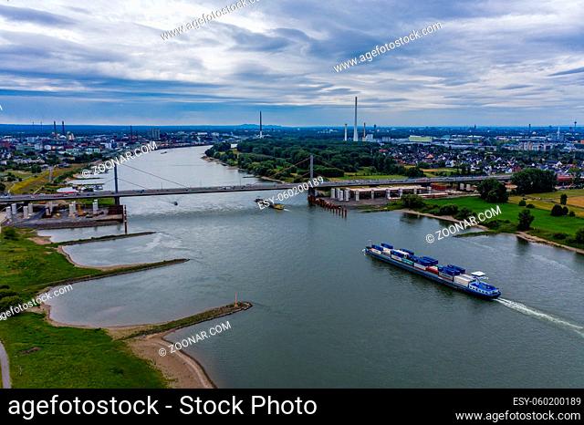 Panoramic view of the A1 motorway bridge on the Rhine near Leverkusen. Drone photography