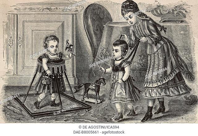 First steps, child in a walker and child held by shoulder straps, children's clothes, engraving from La Mode Illustree, No 22, May 28, 1876
