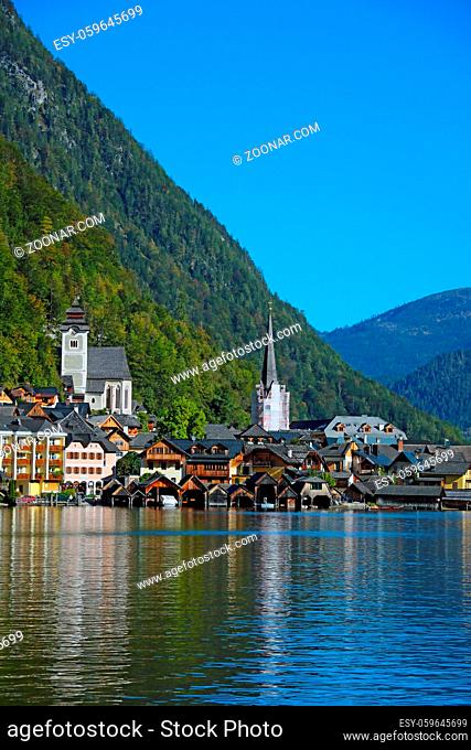 View of famous Hallstatt lakeside town in the Alps, Salzkammergut region, Austria