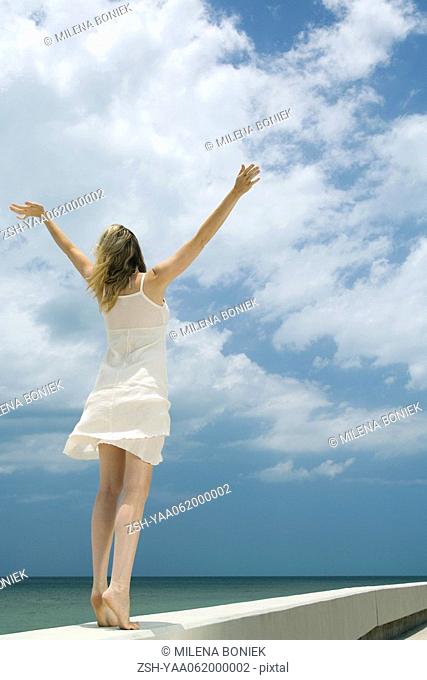 Woman in sundress standing next to sea with arms raised, rear view
