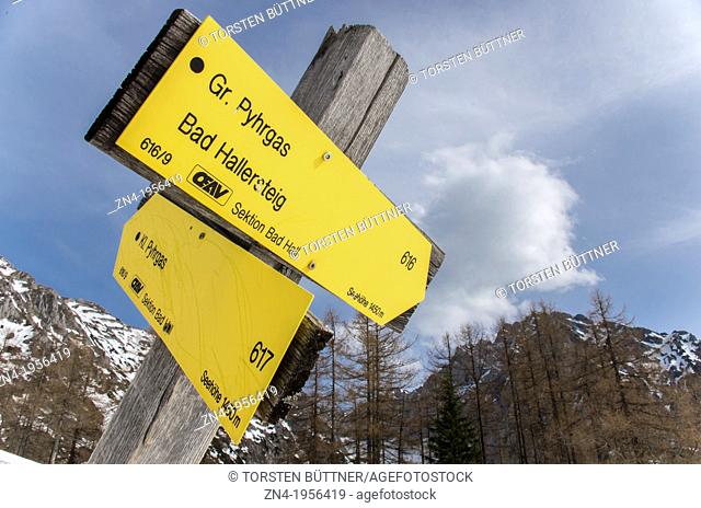 Hiking Path Sign in Kalkalpen National Park near Windischgarsten. Austria