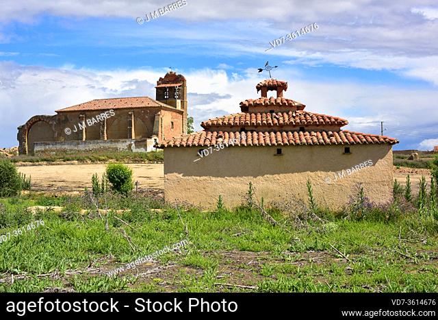 Otero de Sariegos old church and pigeon house. Villafafila municipality, Zamora province, Castilla y Leon, Spain
