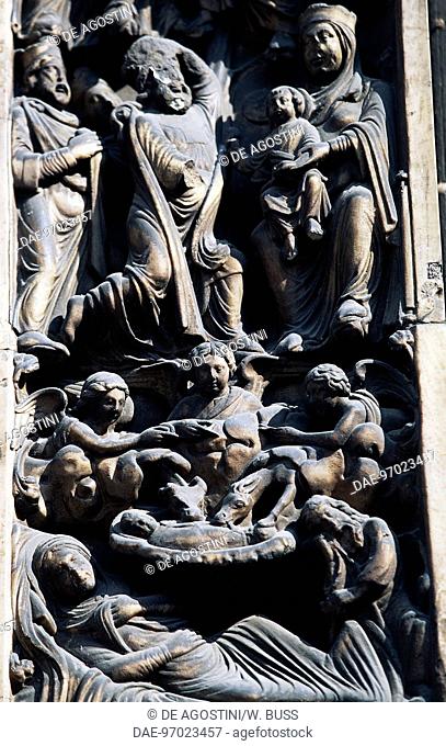 Detail of the sculptural decoration, jambs of the main entrance (13th century) Genoa Cathedral (St Lawrence's), Genoa, Liguria, Italy