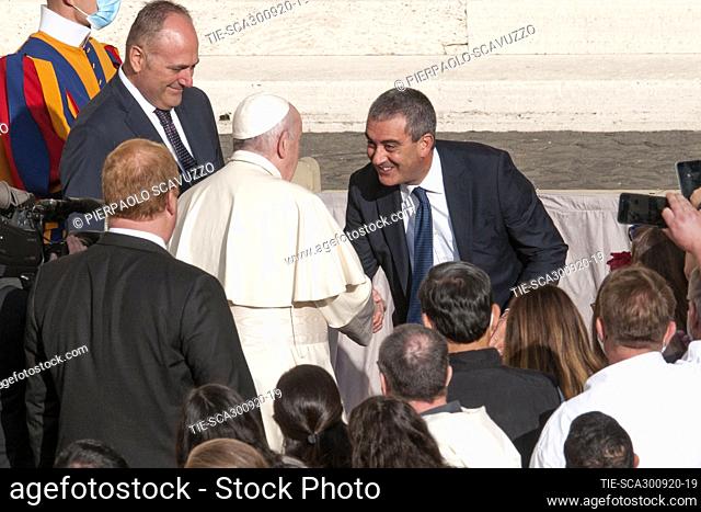 Pope Francis greets Gianluca Gauzzi Broccoletti Commander of Vatican Gendarmerie during the General audience, Vatican City