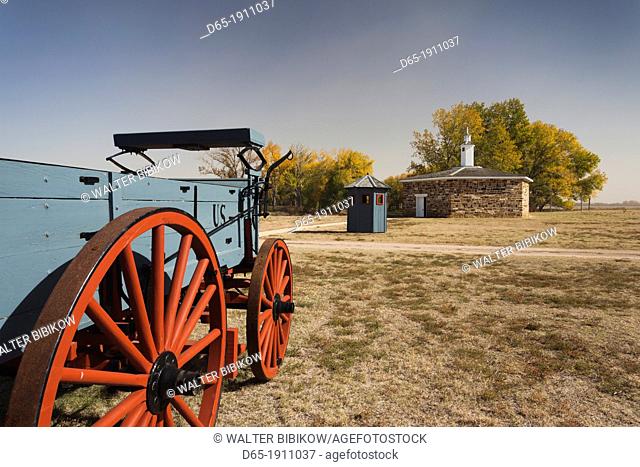 USA, Kansas, Larned, Fort Larned National Historic Site, mid-19th century military outpost, protecting the Santa Fe Trail, wagon and blockhouse stockade-jail