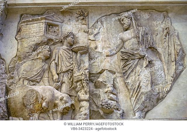 God Offering Sachrifice Statue Ara Pacis Altar of Augustus Peace Rome Italy. Monument to Emperor Augustus Caesar built 9 BC