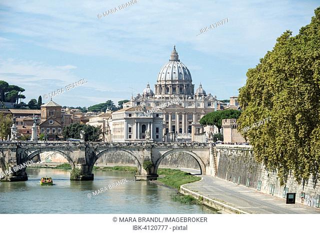 View of Ponte Sant'Angelo across the Tiber to St. Peter's Basilica, Rome, Lazio, Italy