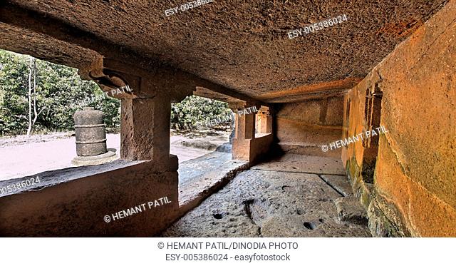Inside view of verandah with stupa in courtyard of cave number twelve in Panhale Kazi caves ; Konkan ; Maharashtra ; India
