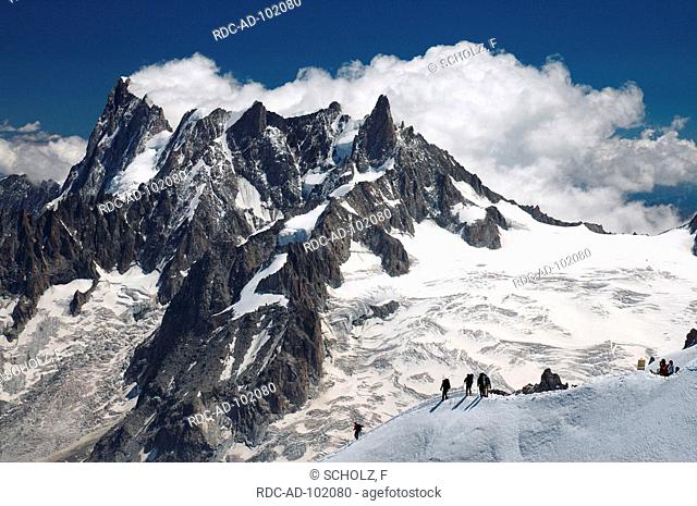 Mont Blanc Massif and mountaineer view from the mountain Aiguille du Midi Haute Savoie France