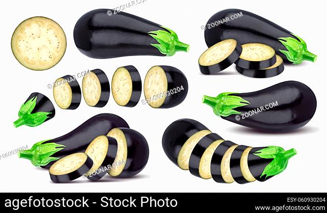 Isolated eggplant. Whole and sliced aubergine isolated on white background, with clipping path