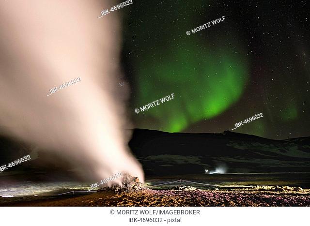 Fumarole, Hverir Geothermal Area, Northern Lights (Aurora borealis), near Mývatn, Northern Iceland, Iceland