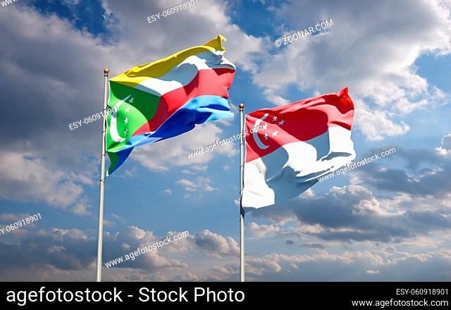 Beautiful national state flags of Singapore and Comoros together at the sky background. 3D artwork concept