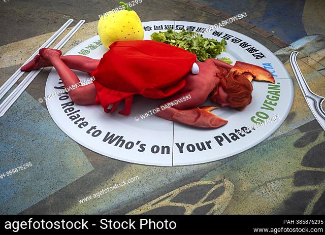 An PETA animal rights activist painted red and dressed as a crab lie on a plate during protest in front of Fish Market in Taipei
