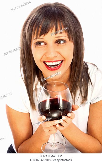 Young woman drinking red wine isolated on white background