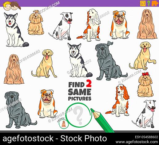 Cartoon Illustration of Finding Two Same Pictures Educational Game for Children with Funny Purebred Dogs Animal Characters