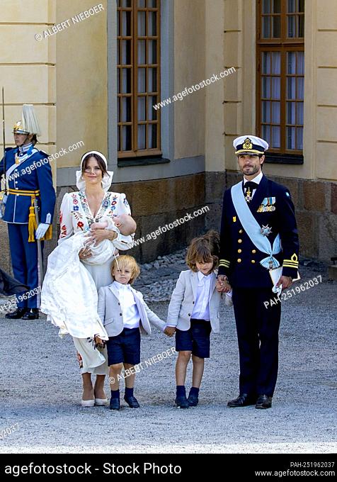 Prince Carl Philip, Princess Sofia, Prince Alexander, Prince Gabriel and Prince Julian of Sweden leave at the chapel of Drottningholm Palace in Stockholm
