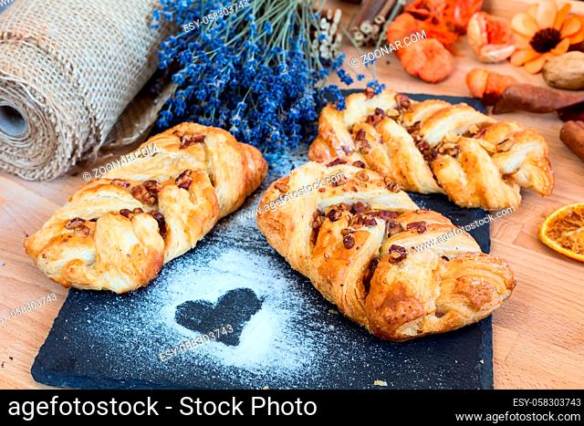 marple and pecan plait pastry sweet food breakfast with heart sign and lavender flowers