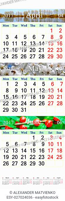 wall calendar for three months of spring April May and June 2017 with pictures of nature