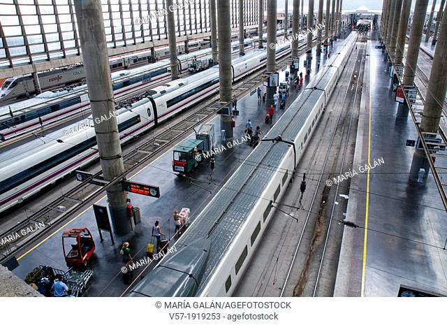 Platforms and high-speed trains, view from above. Puerta de Atocha Railway Station, Madrid, Spain