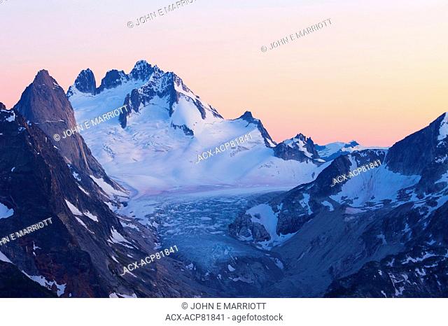 Howser Towers and Vowell Glacier at twilight in Bugaboo Provincial Park, BC, Canada