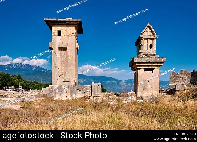 Sarcophagus pillar and Harpy monument called pillar tomb, sarcophagus in Xanthos, Turkey |Harpy monument and Lycian tomb in ruins of ancient city Xanthos