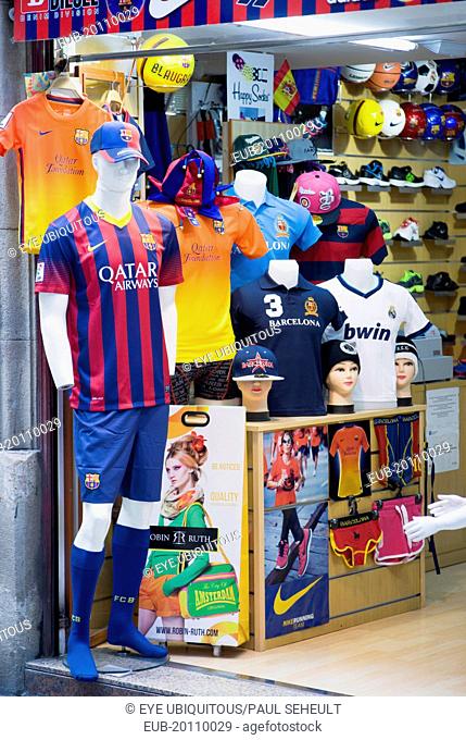 Sports goods shop in the Gothic Quarter with display of Barcelona Football Club kit