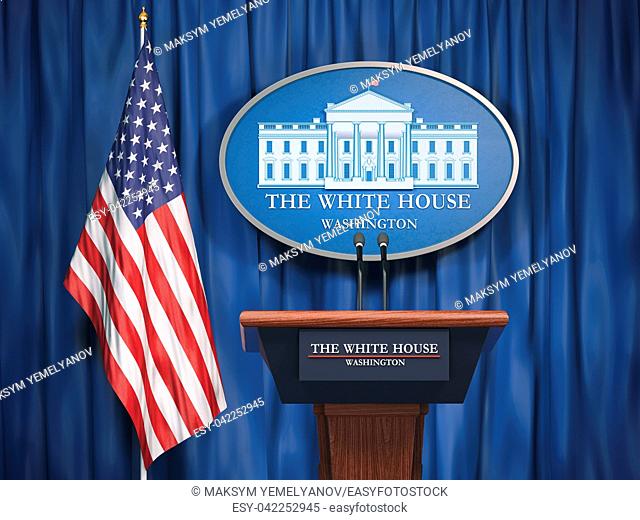 Politics of White House and President of USA United states concept. Podium speaker tribune with USA flags and sign of White House. 3d illustration