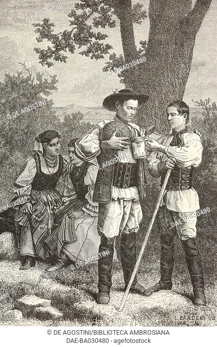 Romanian peasant family in Transylvania, Romania, drawing by L Baader from a photograph by Veress, from The mining regions of western Transylvania, 1873