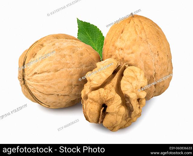 Walnuts and green leaf isolated on a white background