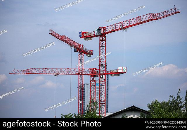 23 August 2023, Saxony, Leipzig: Construction cranes stand on the wasteland behind the Bayerischer Bahnhof train station in the south of Leipzig