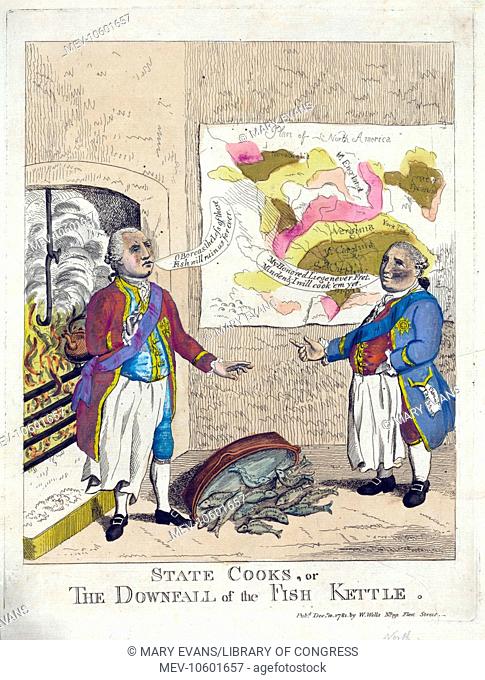 State cooks, or the downfall of the fish kettle. Print shows George III and Lord North standing in a kitchen, both wear aprons