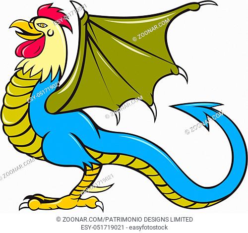 Illustration of a basilisk standing, an animal with the head, torso and legs of a rooster, the tongue of a snake, the wings of a bat and with a snake-like rump...