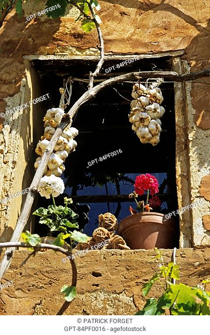 WINDOW ORNAMENTED WITH FLOWERS AND HEADS OF GARLIC, GARGAS, LUBERON, VAUCLUSE 84, FRANCE
