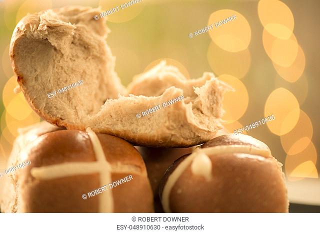 Tasty traditional Easter hot cross buns, closeup view