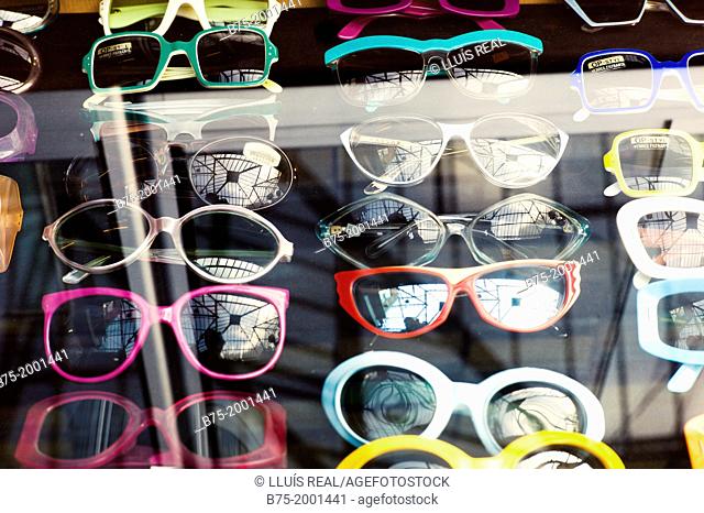 Assortment of sunglasses displayed in a showcase