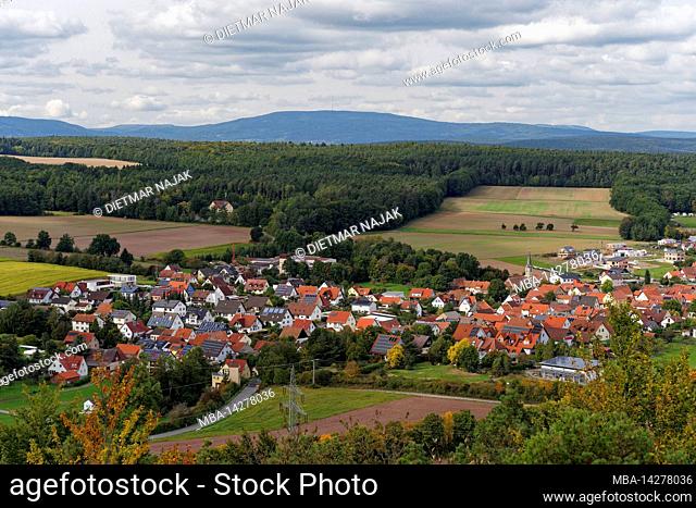 View from Michelsberg near Münnerstadt to Reichenbach in the Rhön Biosphere Reserve, Lower Franconia, Bavaria, Germany
