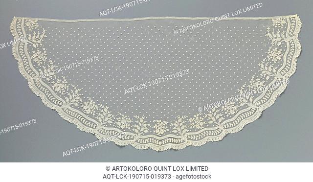 Voile of application side with wavy campane edge, Voile of natural-colored application side, bobbin lace appliqué on machine tulle. Half-moon shaped