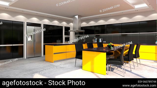 3D rendering modern kitchen with yellow panels