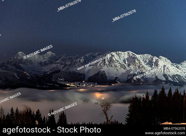 View from Rohrmoos to the Dachstein massif, Torstein, Mitterspitz, Hoher Dachstein, Dirndln, (from left to right), night view, Austria