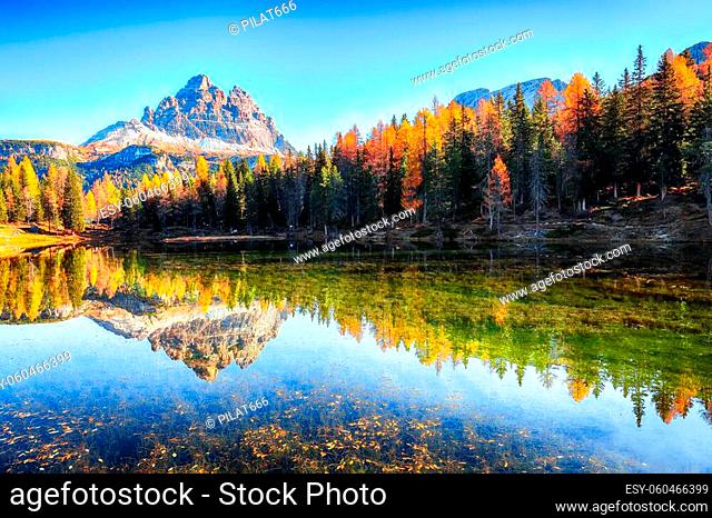 Astonishing view of popular travel destination mountain lake Antorno in autumn. Location: Antorno lake, Dolomiti alps, Province of Belluno, Italy, Europe