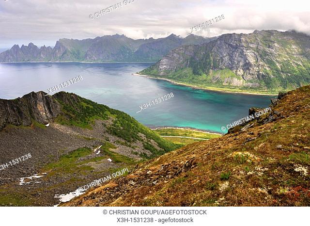 view over the fjords Steinfjorden and Ersfjorden from Husfjellet mountain, Senja island County of Troms, Norway, Northern Europe