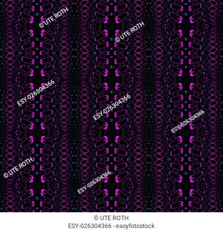 Abstract geometric seamless background. Delicate and ornate diamond and stripes pattern, magenta, purple and green elements on black