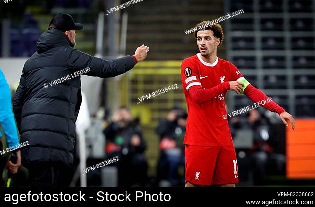 Liverpool's head coach Jurgen Klopp and Liverpool's Curtis Jones pictured during a game between Belgian soccer team Royale Union Saint Gilloise and English club...
