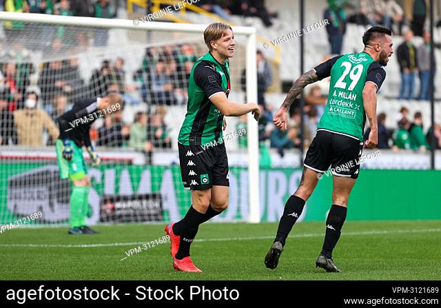 Cercle's Jesper Daland and Cercle's Alejandro Millan Iranzo celebrate after scoring during a soccer match between Cercle Brugge KSV and Standard de Liege