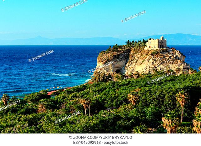 Former 4th century monastery on top of the Sanctuary of Santa Maria Island - Tropea, Calabria, Italy. Tropea Beach at Tyrrhenian Sea