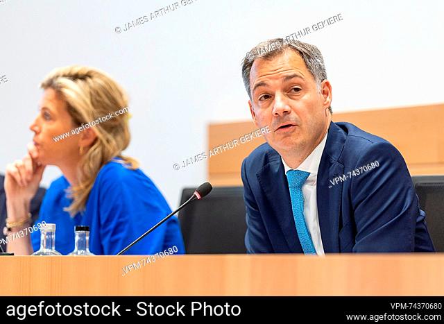Interior Minister Annelies Verlinden and Prime Minister Alexander De Croo pictured during a session of the chamber commission for Interior Affairs
