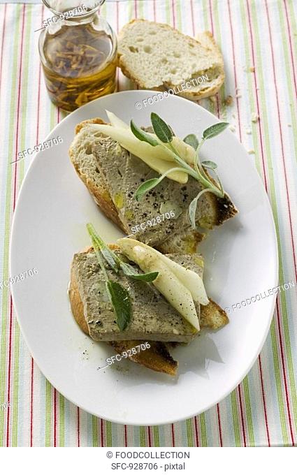 Chicken liver terrine with asparagus & sage on bread Veneto