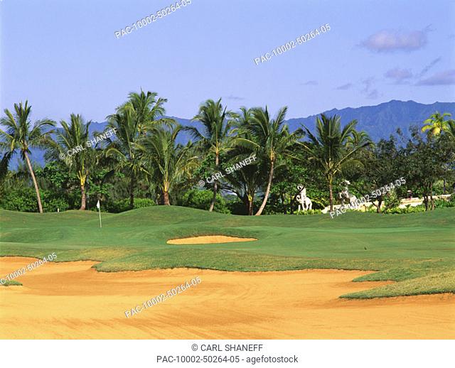 Hawaii, Kauai, Lihue, Kauai Lagoons Golf Course, Kiele Course, large sandtrap, palm trees