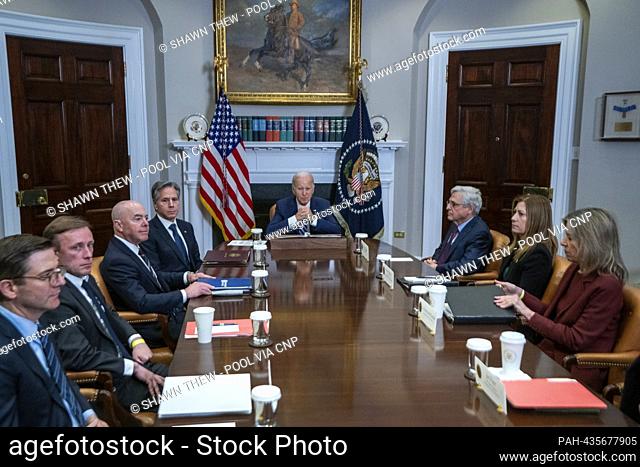 United States President Joe Biden, with US Secretary of State Antony Blinken, left, US Attorney General Merrick Garland, right