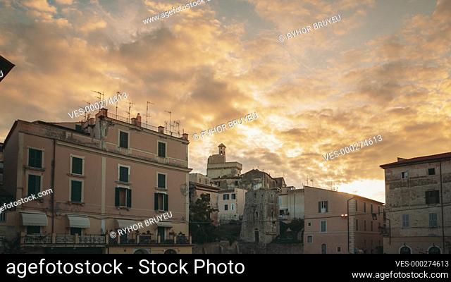 Terracina, Italy. Piazza Municipio And View Of Castle Castello Frangipane In Upper Town In Sunrise Time